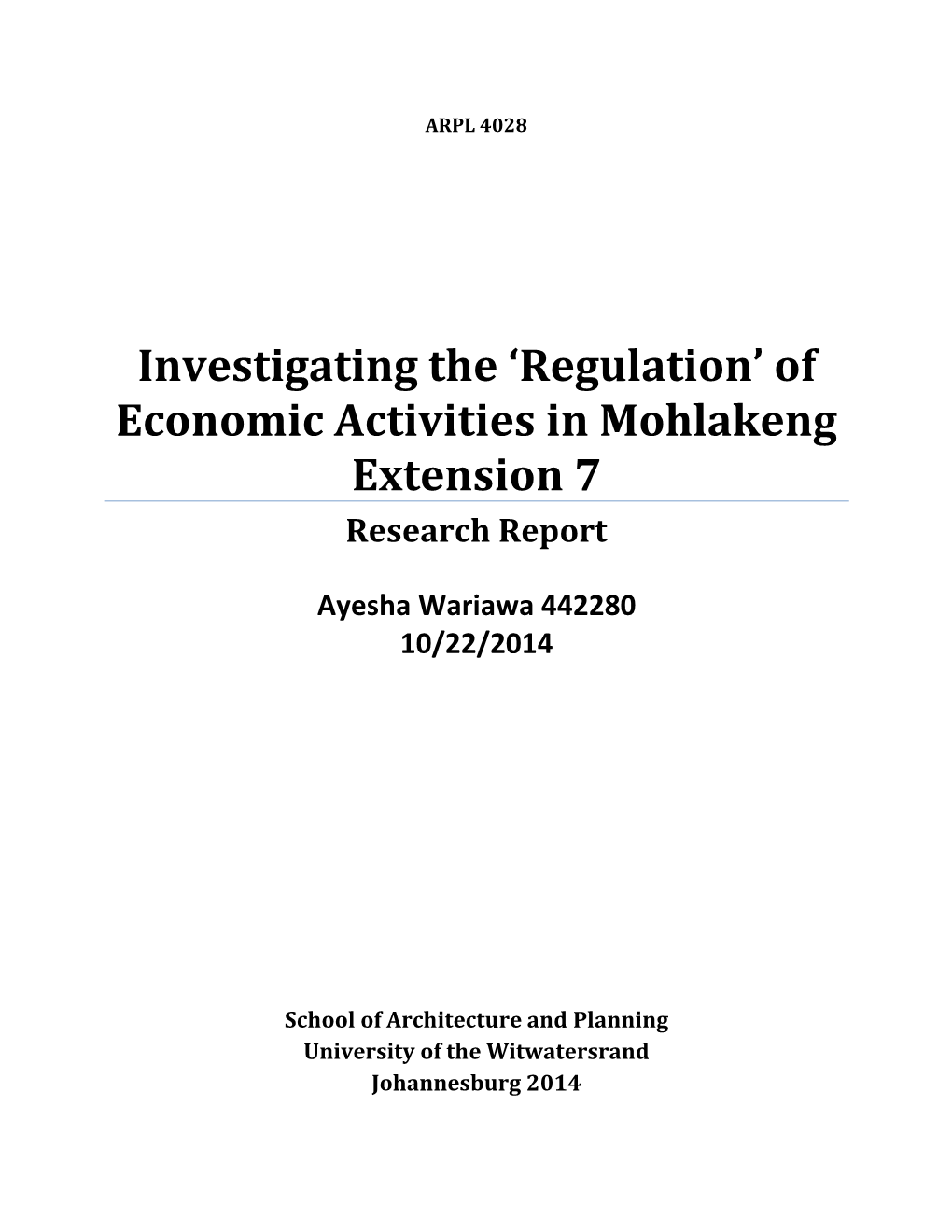 Of Economic Activities in Mohlakeng Extension 7 Research Report