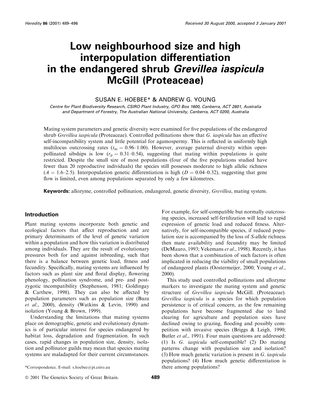 Low Neighbourhood Size and High Interpopulation Differentiation in the Endangered Shrub Grevillea Iaspicula Mcgill (Proteaceae)