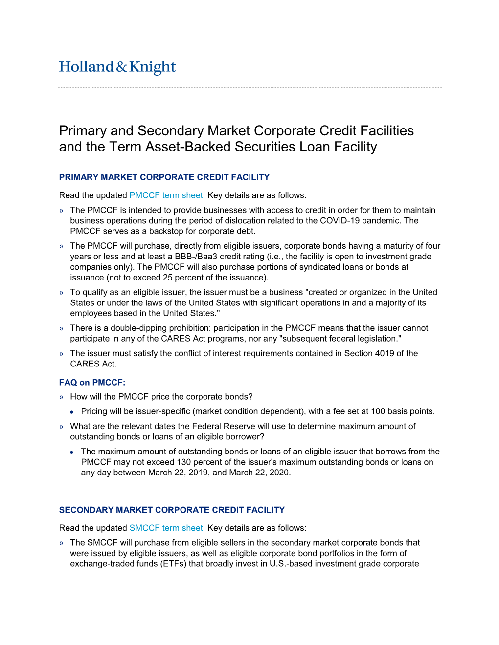 Primary and Secondary Market Corporate Credit Facilities and the Term Asset-Backed Securities Loan Facility