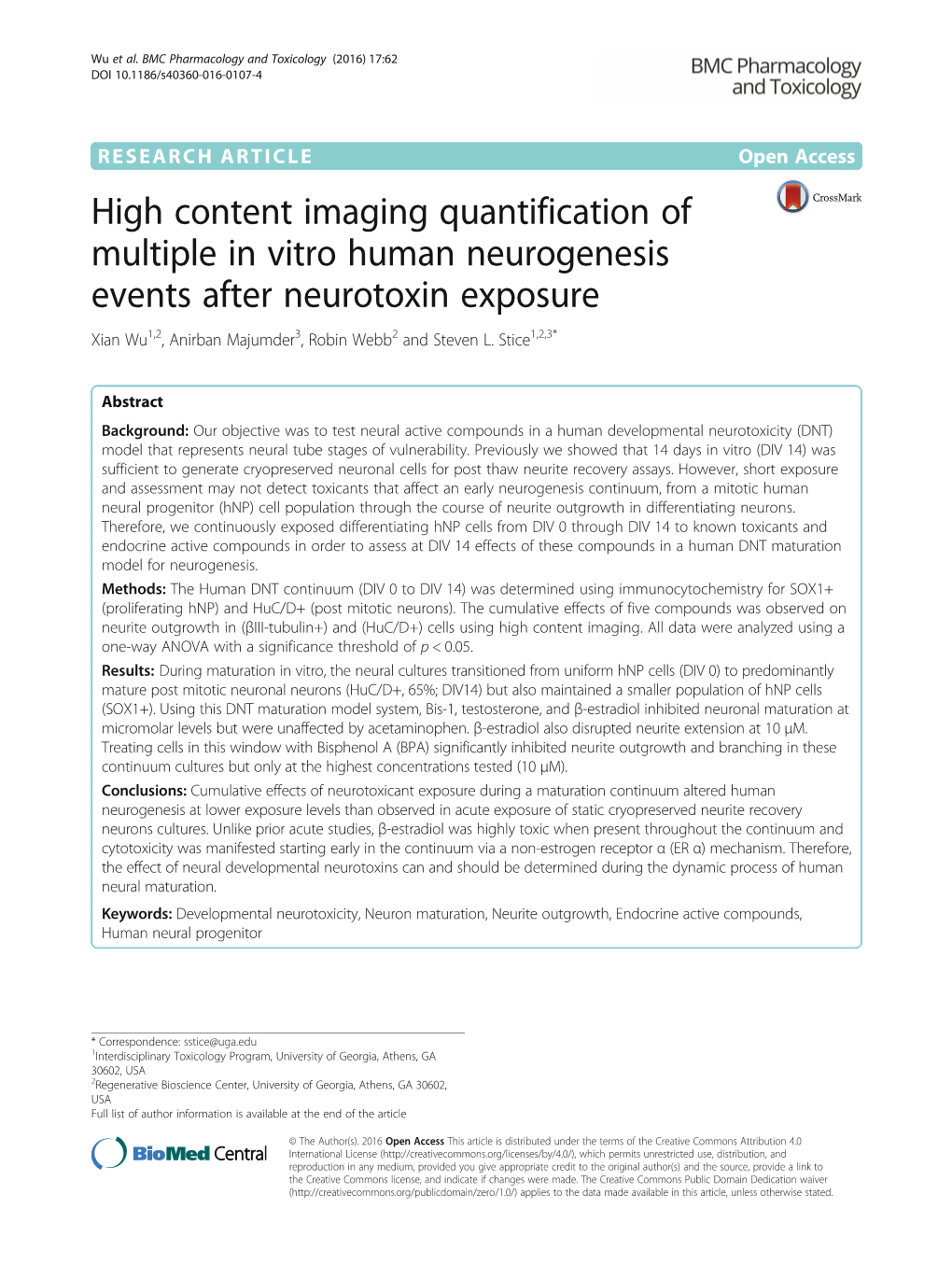 High Content Imaging Quantification of Multiple in Vitro Human Neurogenesis Events After Neurotoxin Exposure Xian Wu1,2, Anirban Majumder3, Robin Webb2 and Steven L