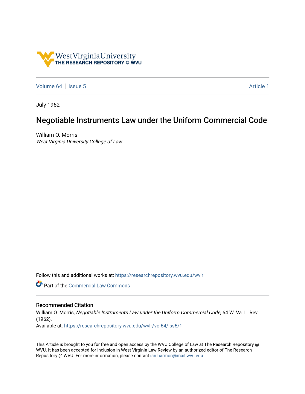 Negotiable Instruments Law Under the Uniform Commercial Code