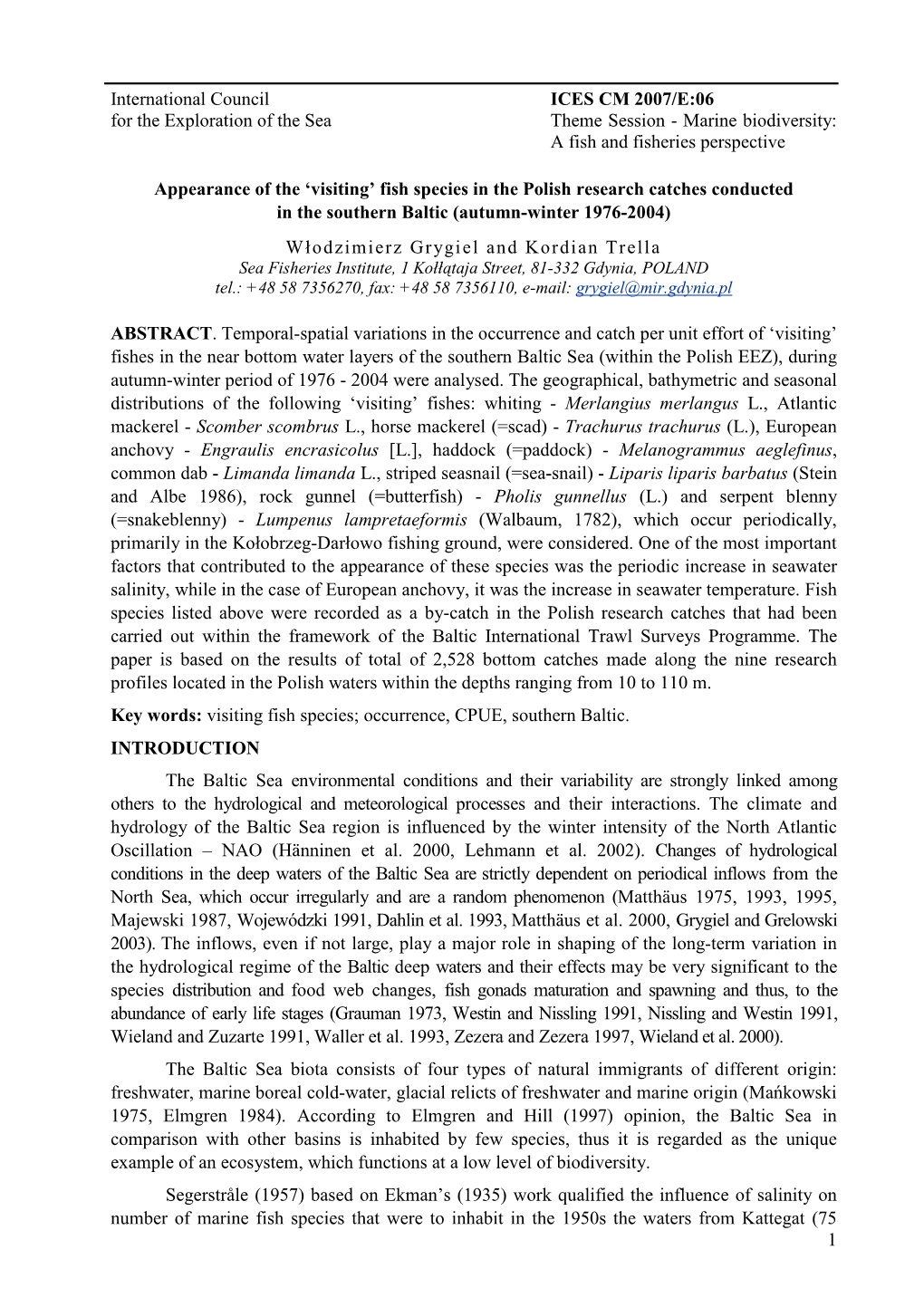 Fish Species in the Polish Research Catches Conducted in the Southern Baltic (Autumn-Winter 1976-2004)