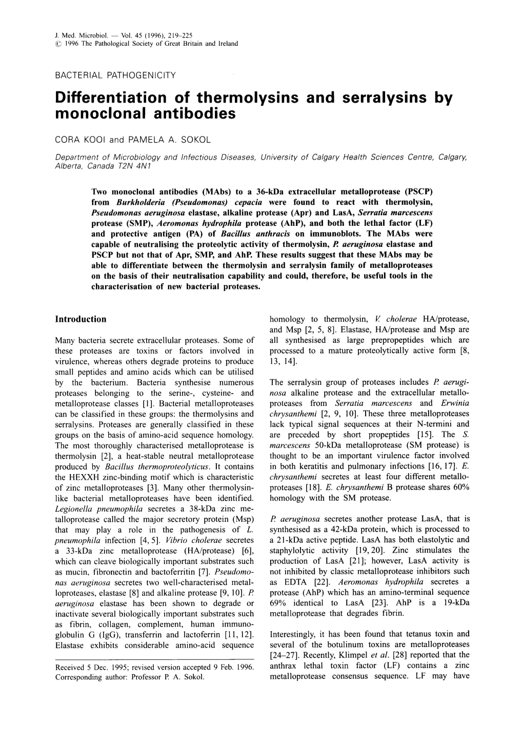 Differentiation of Thermolysins and Serralysins by Monoclonal Antibodies