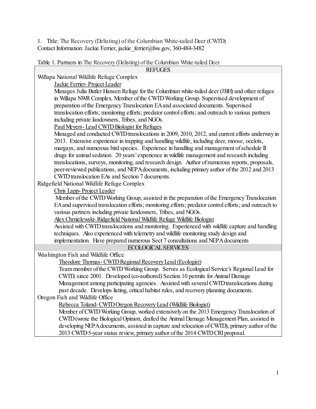 The Recovery (Delisting) of the Columbian White-Tailed Deer (CWTD) Contact Information: Jackie Ferrier, Jackie Ferrier@Fws.Gov, 360-484-3482