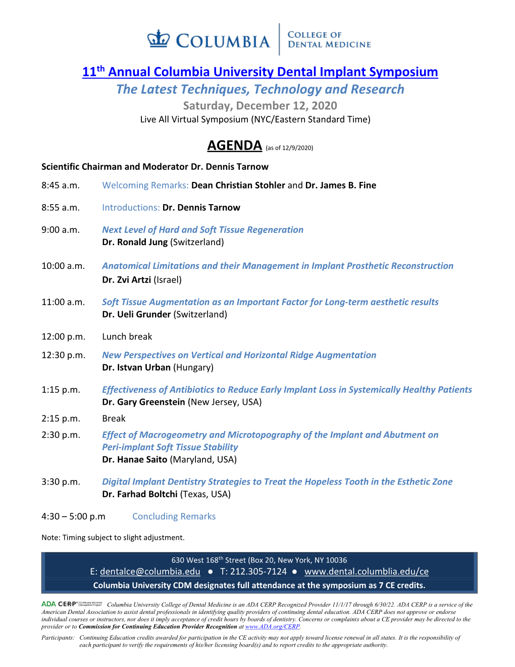 11Th Annual Columbia University Dental Implant Symposium The