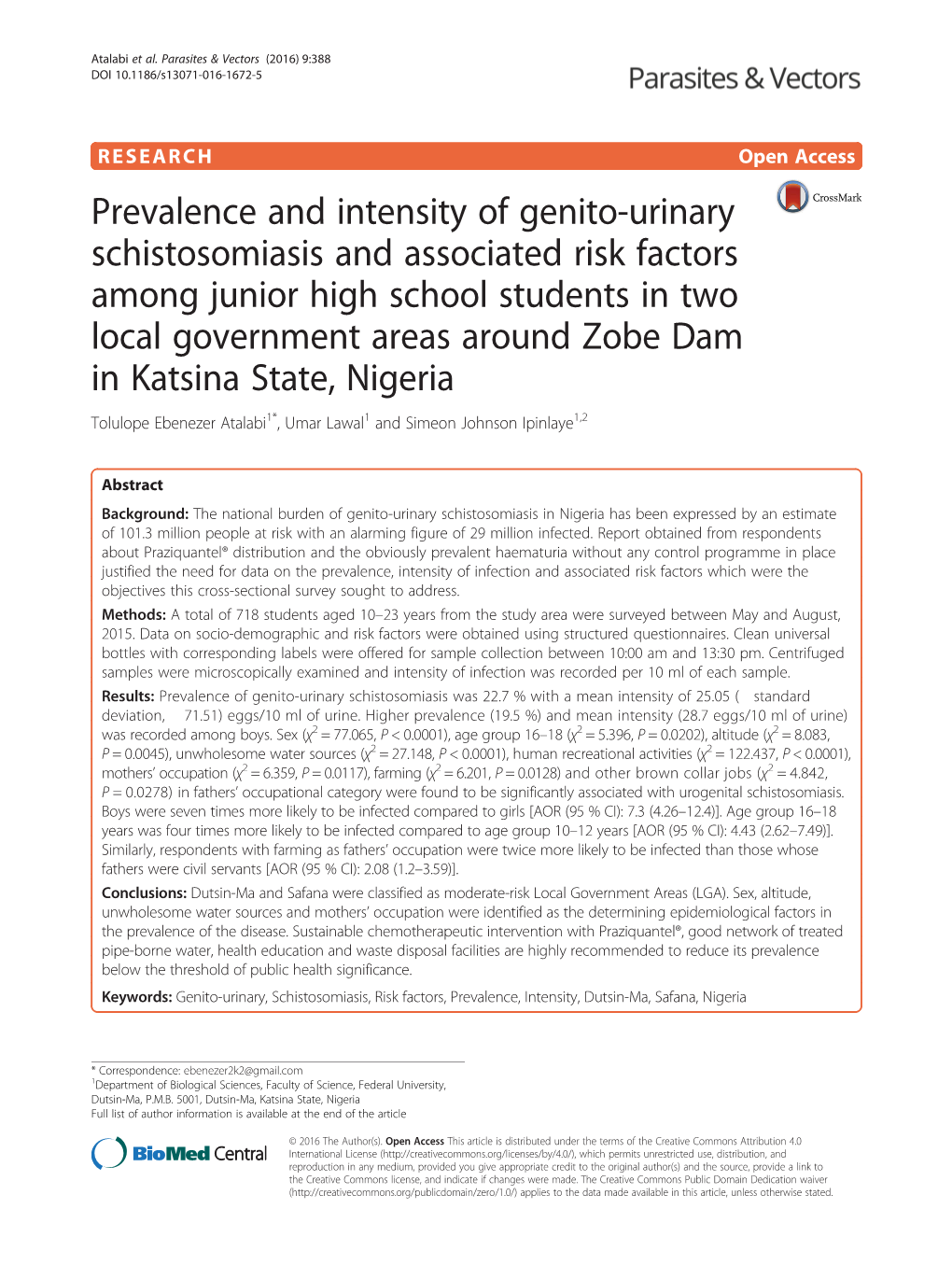 Prevalence and Intensity of Genito-Urinary Schistosomiasis And