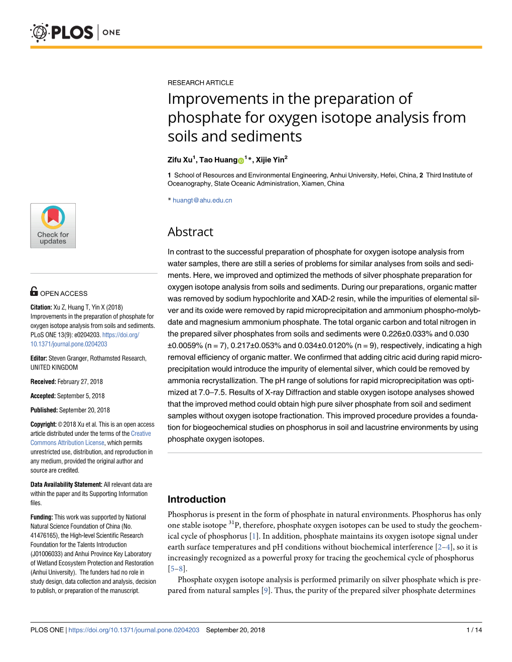 Improvements in the Preparation of Phosphate for Oxygen Isotope Analysis from Soils and Sediments