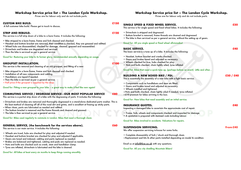 Workshop Price List February 2020