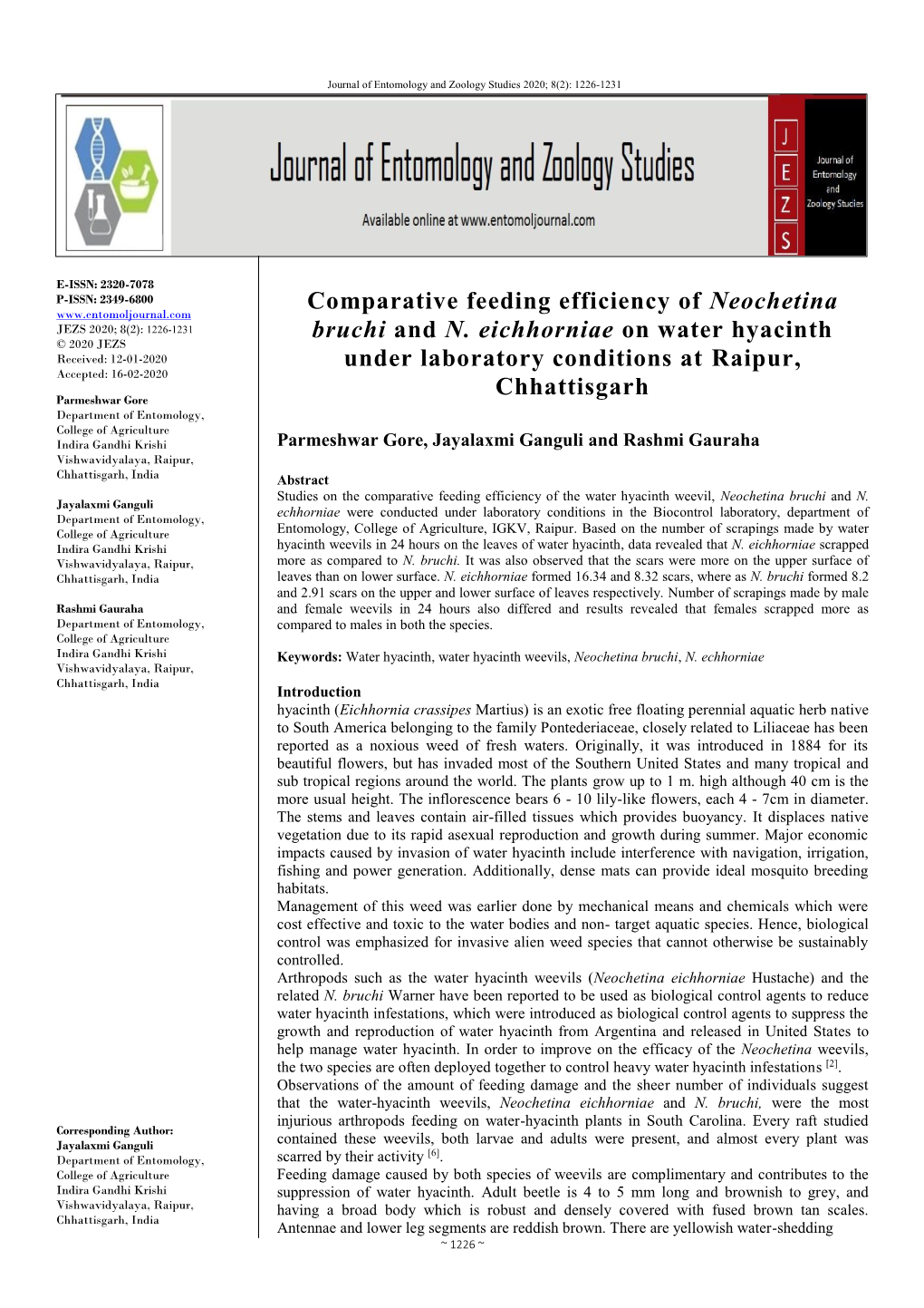 Comparative Feeding Efficiency of Neochetina Bruchi and N