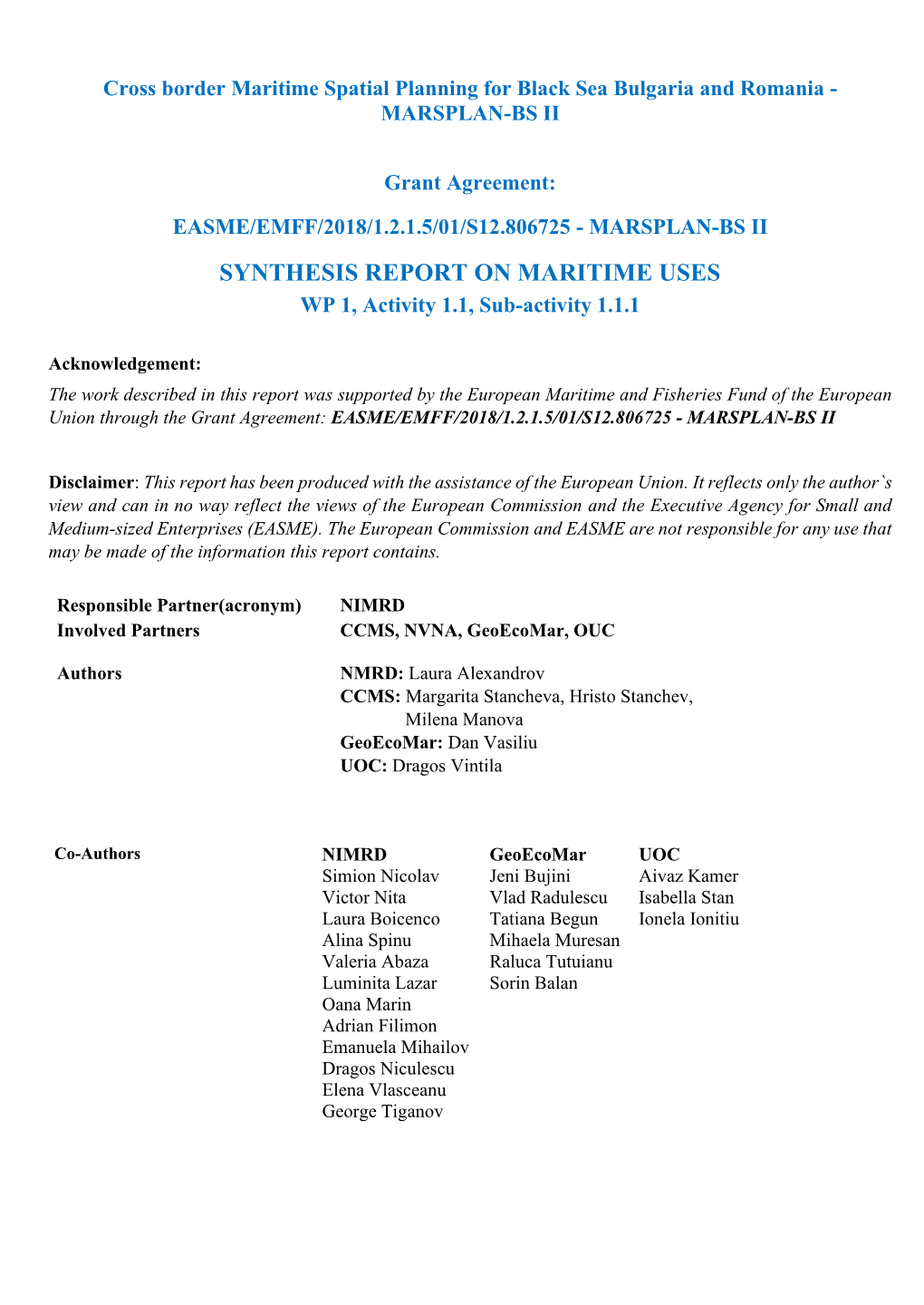 Sub-Activity 1.1.1 Synthesis Report on Maritime Uses