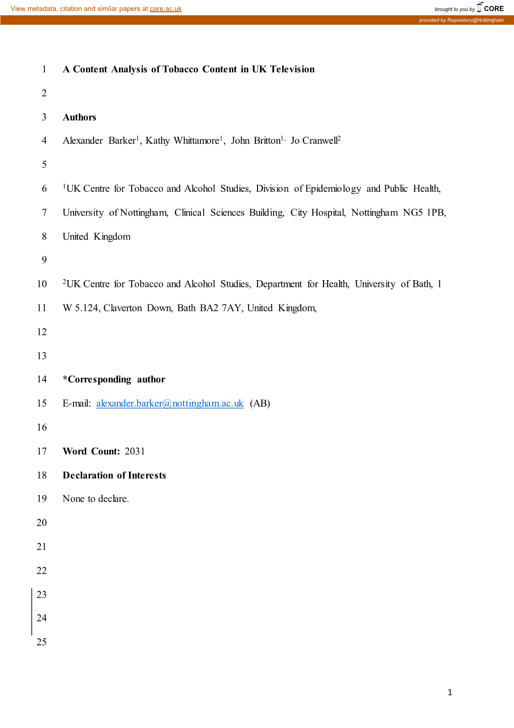 A Content Analysis of Tobacco Content in UK Television 1 2