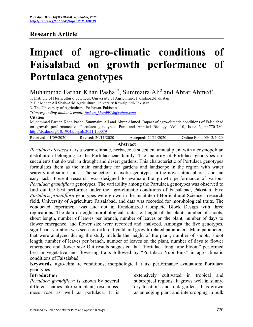 Impact of Agro-Climatic Conditions of Faisalabad on Growth Performance of Portulaca Genotypes