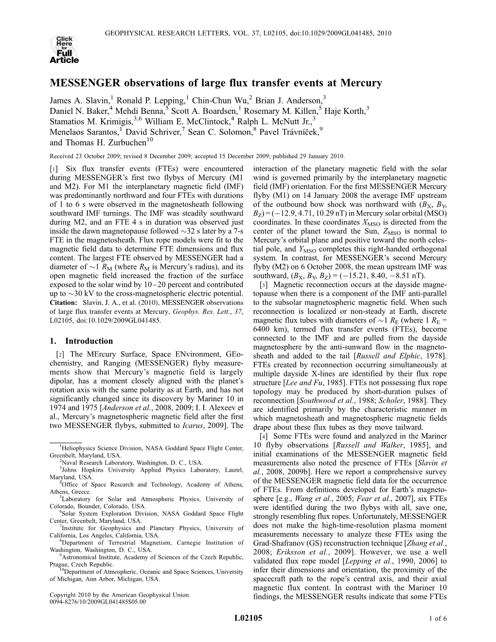 MESSENGER Observations of Large Flux Transfer Events at Mercury James A