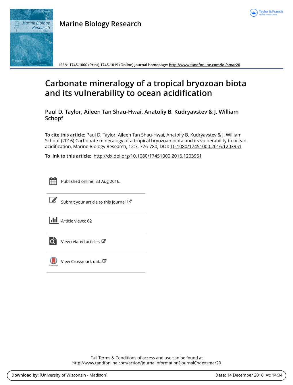 Carbonate Mineralogy of a Tropical Bryozoan Biota and Its Vulnerability to Ocean Acidification
