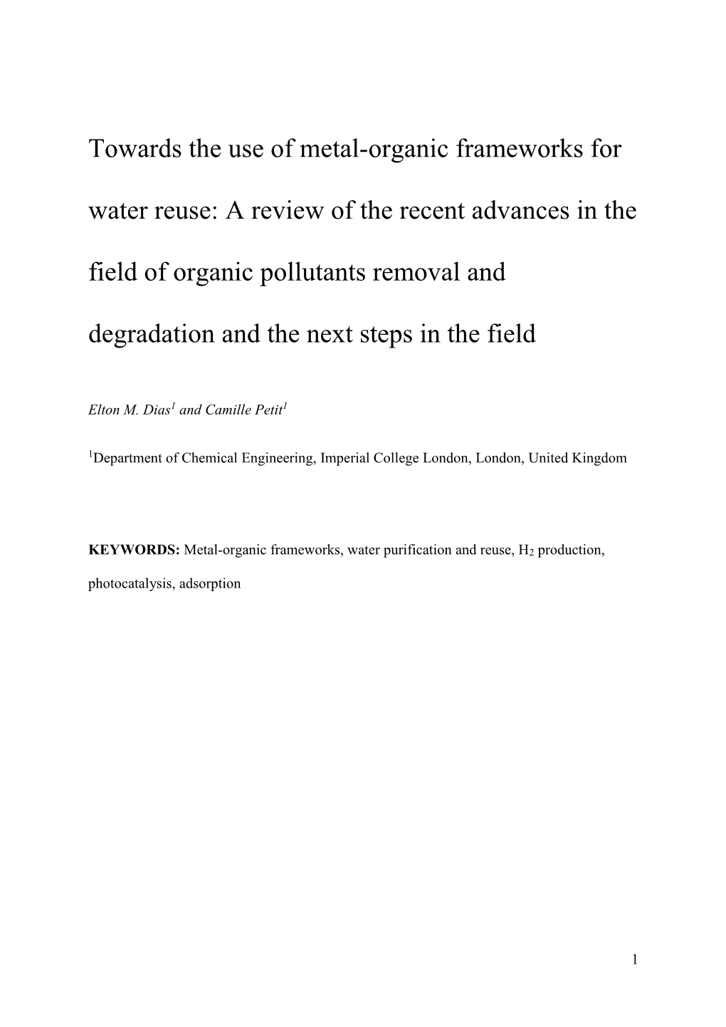 Towards the Use of Metal-Organic Frameworks for Water Reuse: a Review of the Recent Advances in the Field of Organic Pollutants