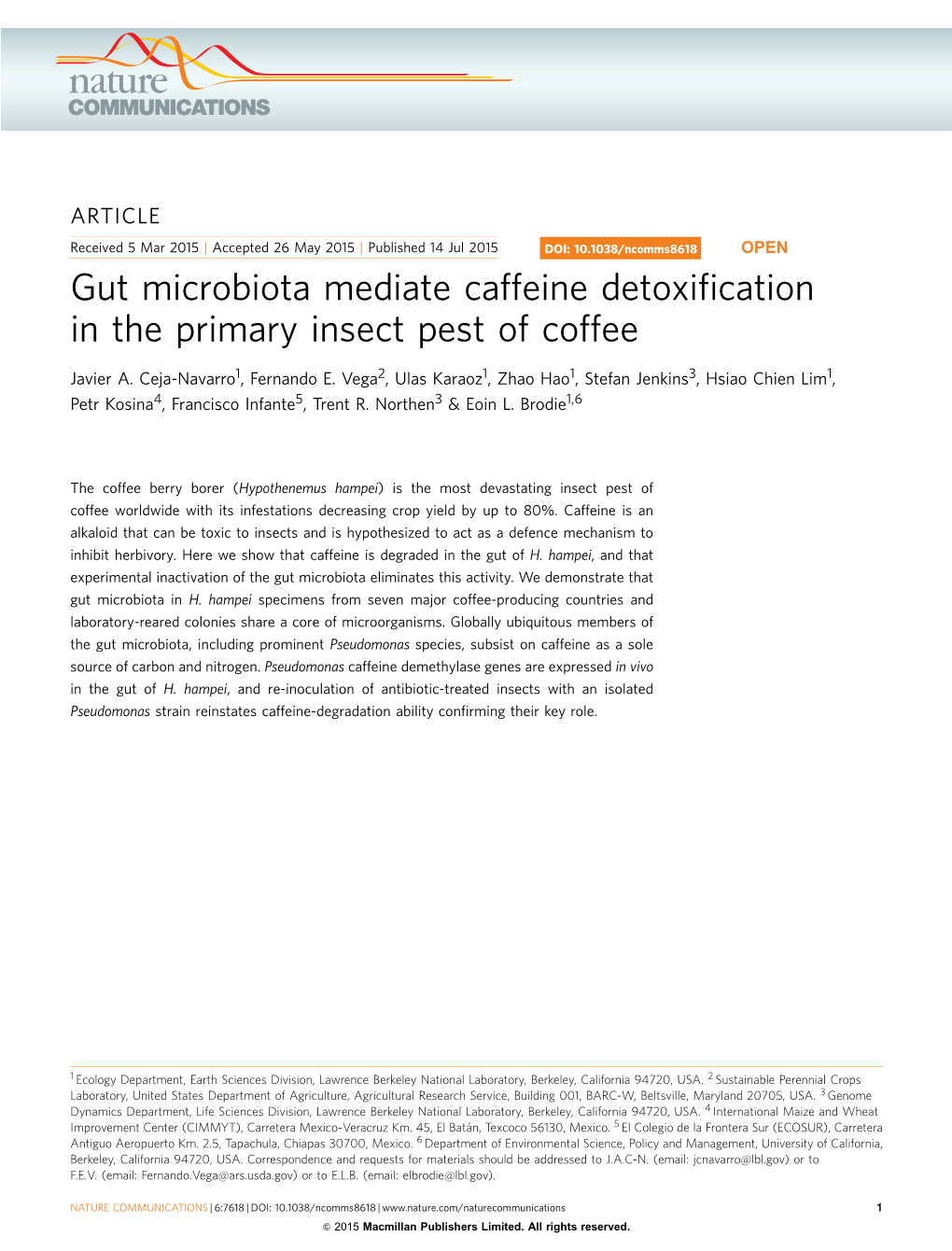 Gut Microbiota Mediate Caffeine Detoxification in the Primary Insect