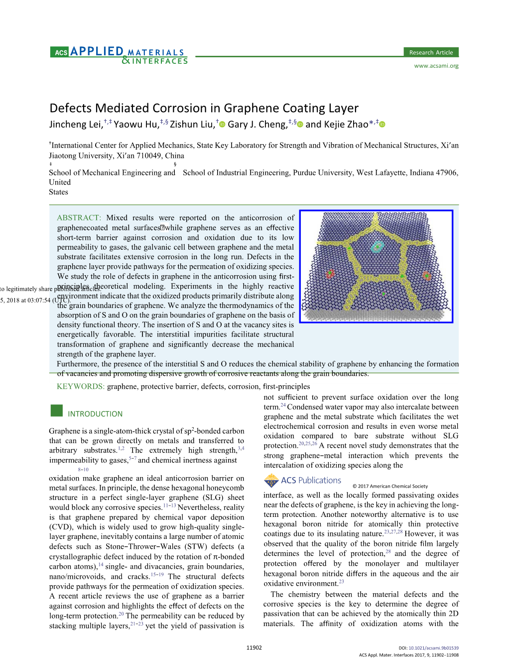 Defects Mediated Corrosion in Graphene Coating Layer Jincheng Lei,†,‡ Yaowu Hu,‡,§ Zishun Liu,† Gary J