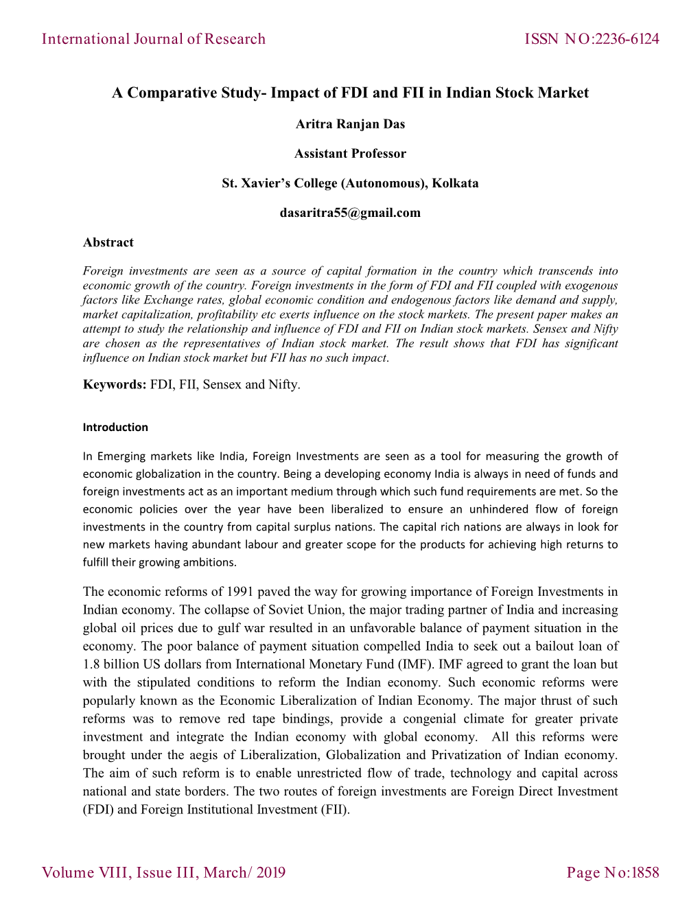 A Comparative Study- Impact of FDI and FII in Indian Stock Market