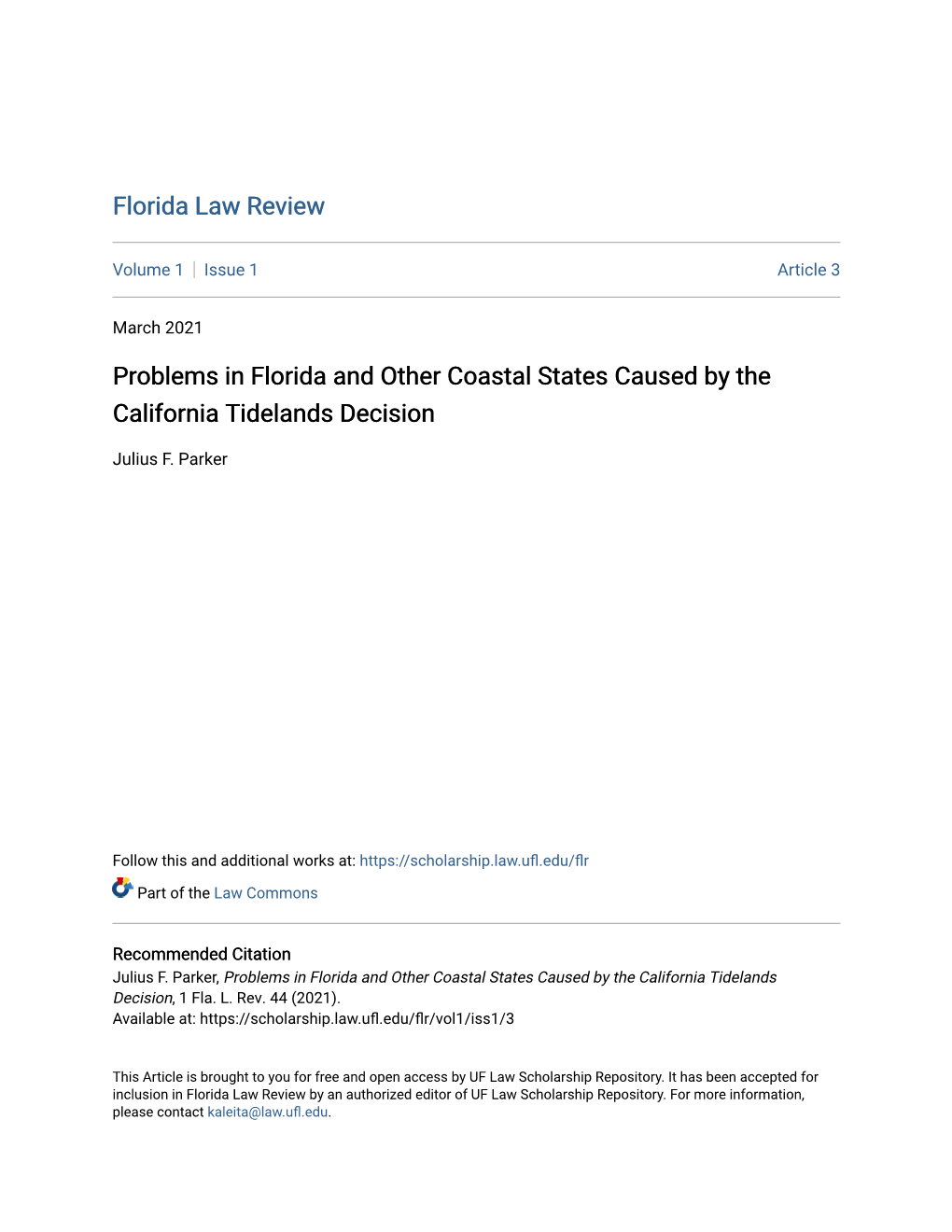 Problems in Florida and Other Coastal States Caused by the California Tidelands Decision