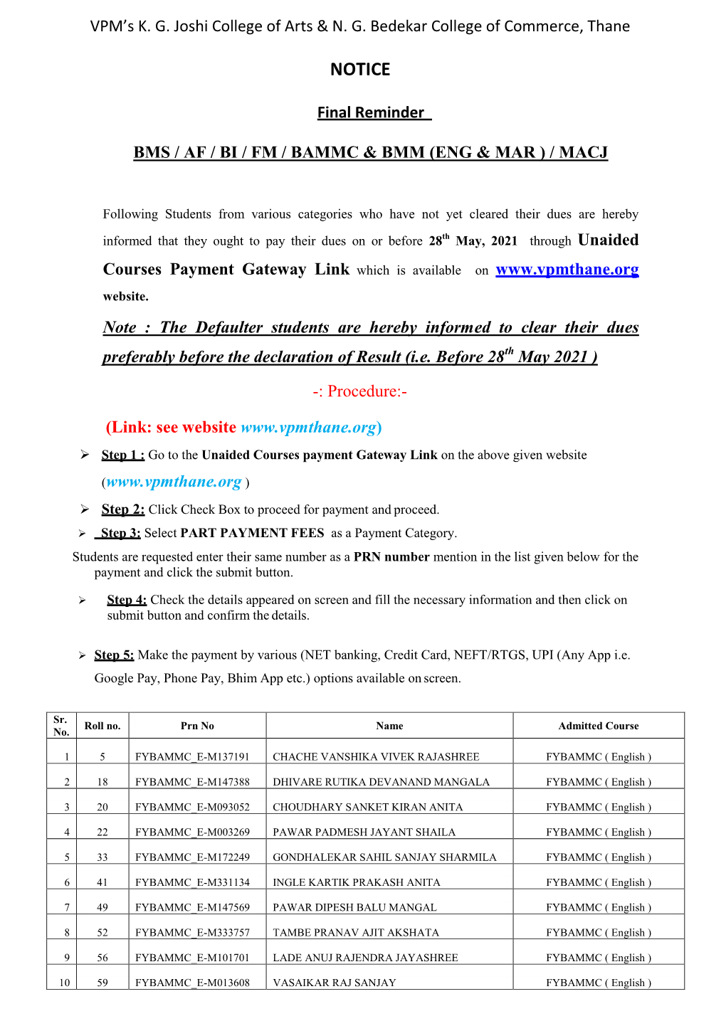 Payment Dues Reminder Notice for Category Students