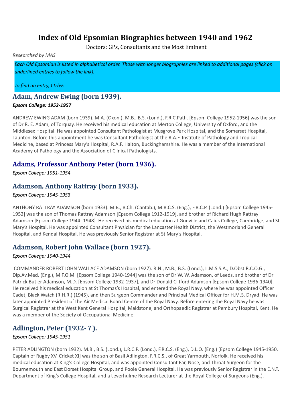 Of Old Epsomian Biographies Between 1940 and 1962 Doctors: Gps, Consultants and the Most Eminent Researched by MAS Each Old Epsomian Is Listed in Alphabetical Order