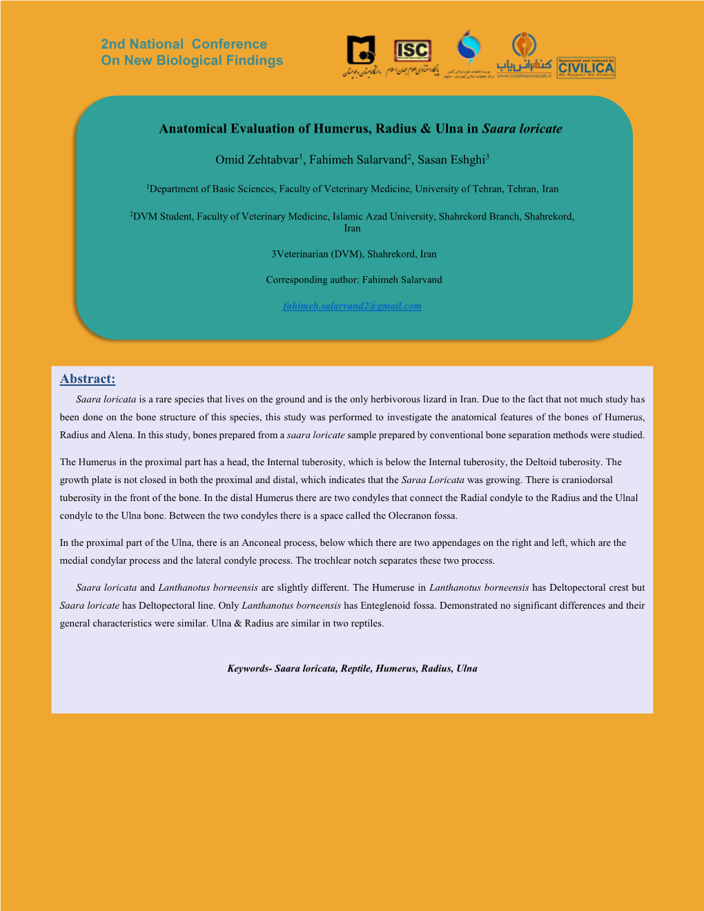 Anatomical Evaluation of Humerus, Radius & Ulna in Saara Loricate Abstract: 2Nd National Conference on New Biological Findi