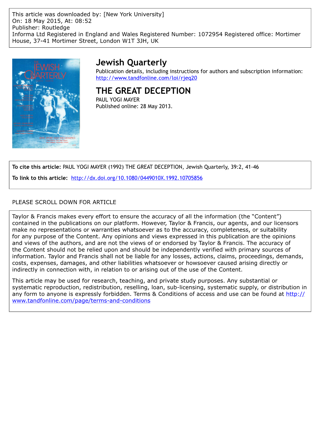 "The Great Deception: a Personal Recollection of Hitler's Olympic