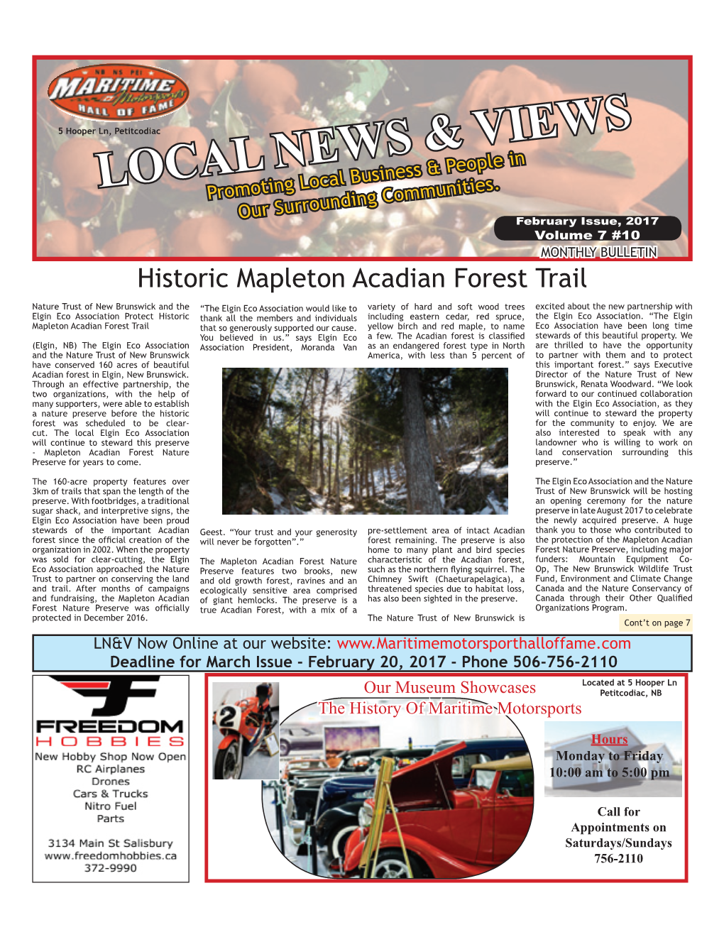 February Issue, 2017 Volume 7 #10 MONTHLY BULLETIN Historic Mapleton Acadian Forest Trail