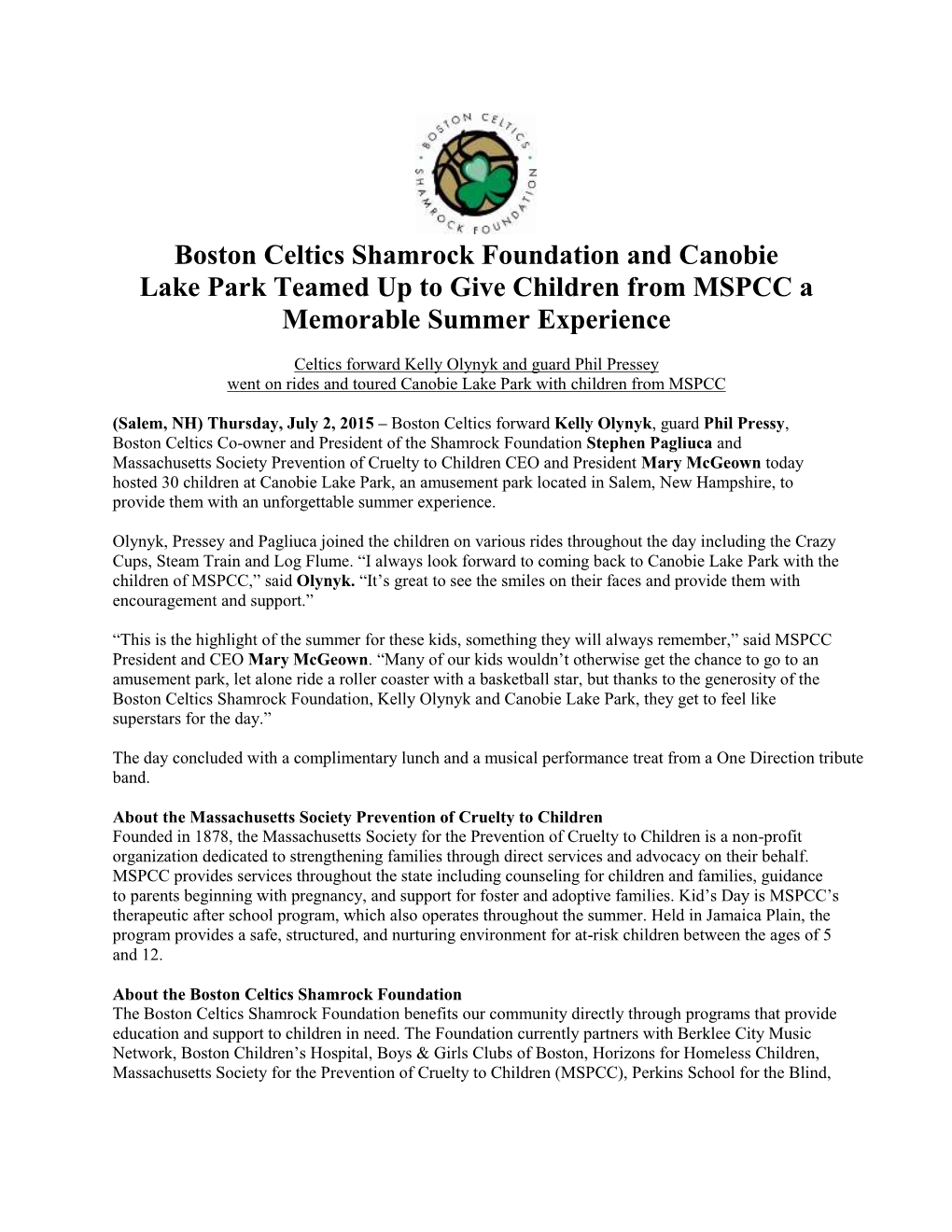 Boston Celtics Shamrock Foundation and Canobie Lake Park Teamed up to Give Children from MSPCC a Memorable Summer Experience