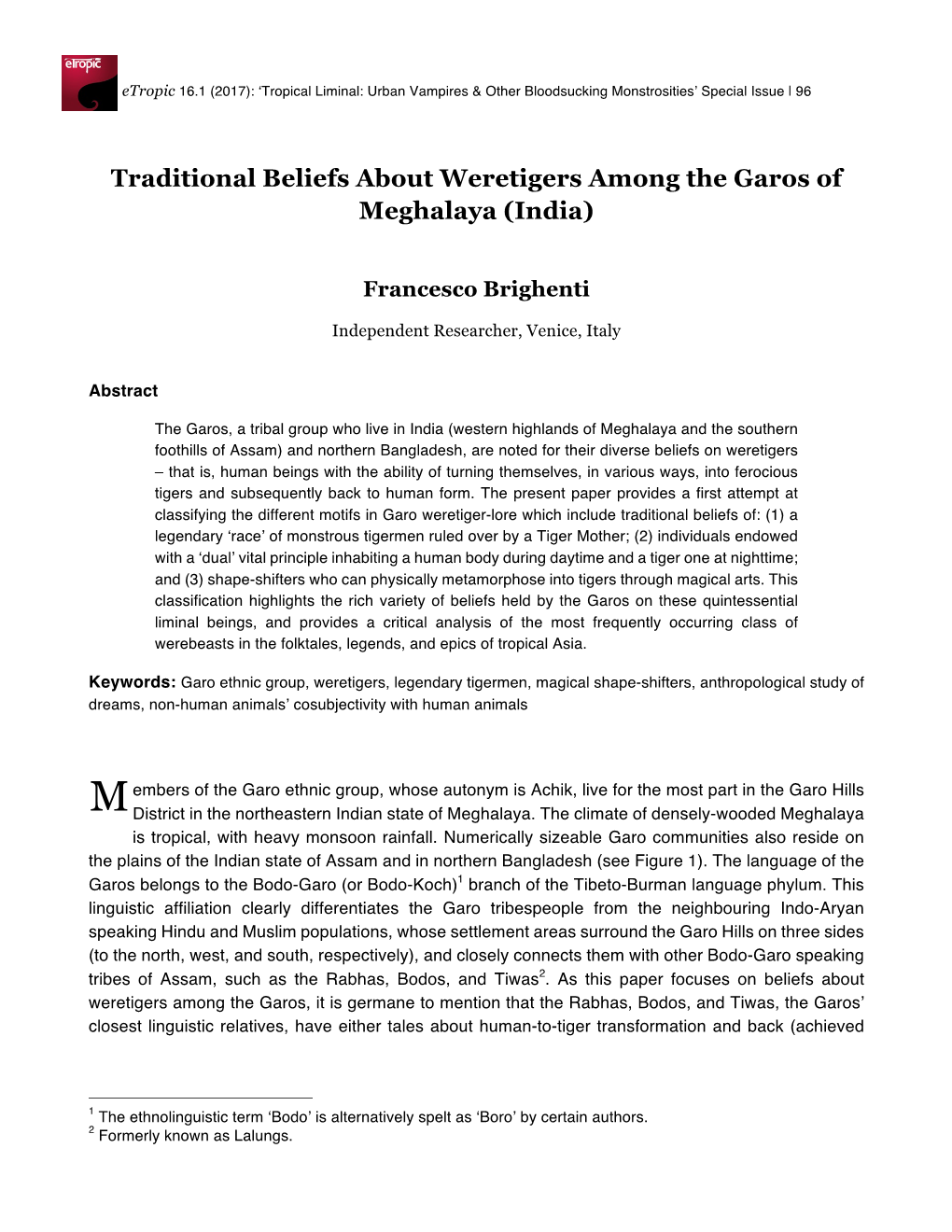 Traditional Beliefs About Weretigers Among the Garos of Meghalaya (India)