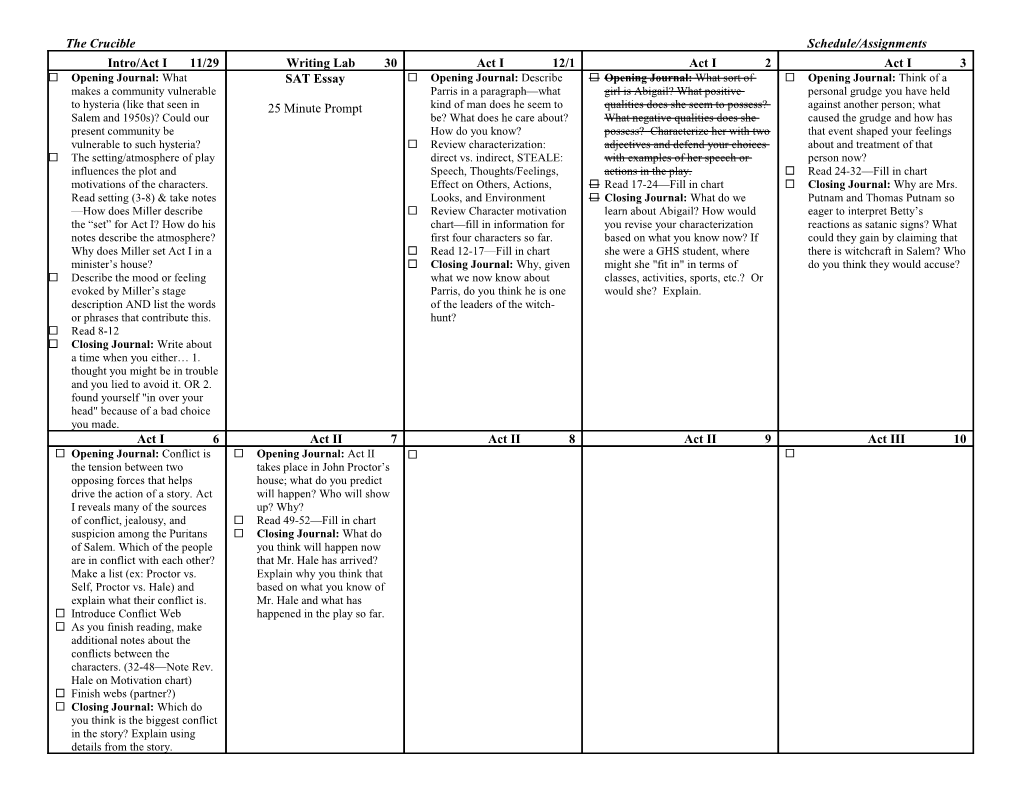 The Crucible Schedule/Assignments