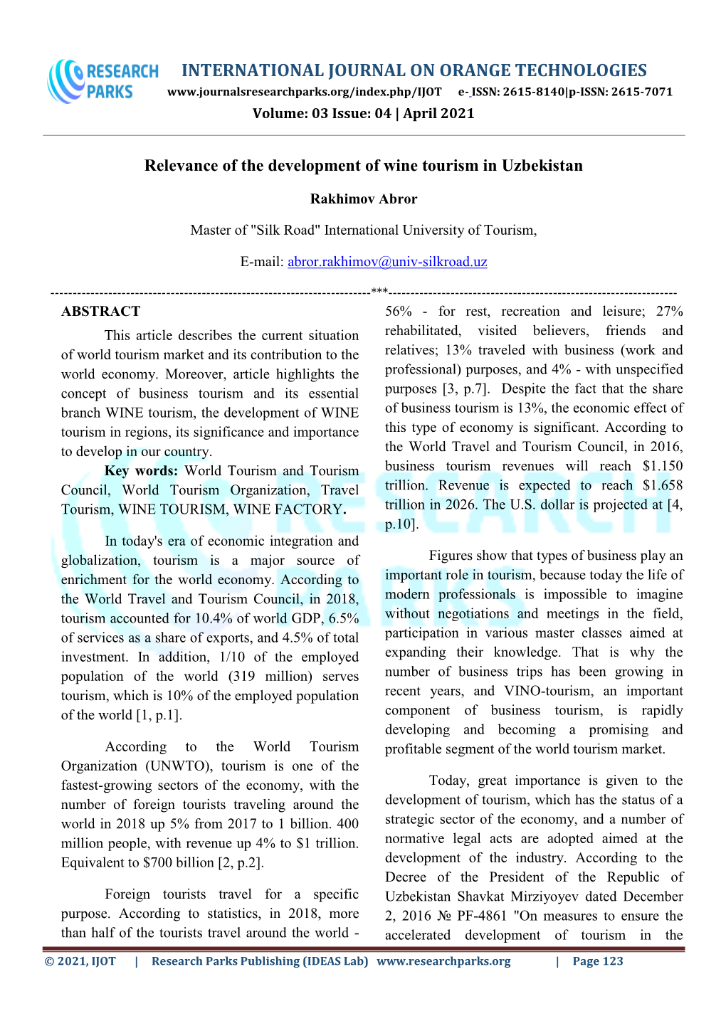 INTERNATIONAL JOURNAL on ORANGE TECHNOLOGIES E- ISSN: 2615-8140|P-ISSN: 2615-7071 Volume: 03 Issue: 04 | April 2021