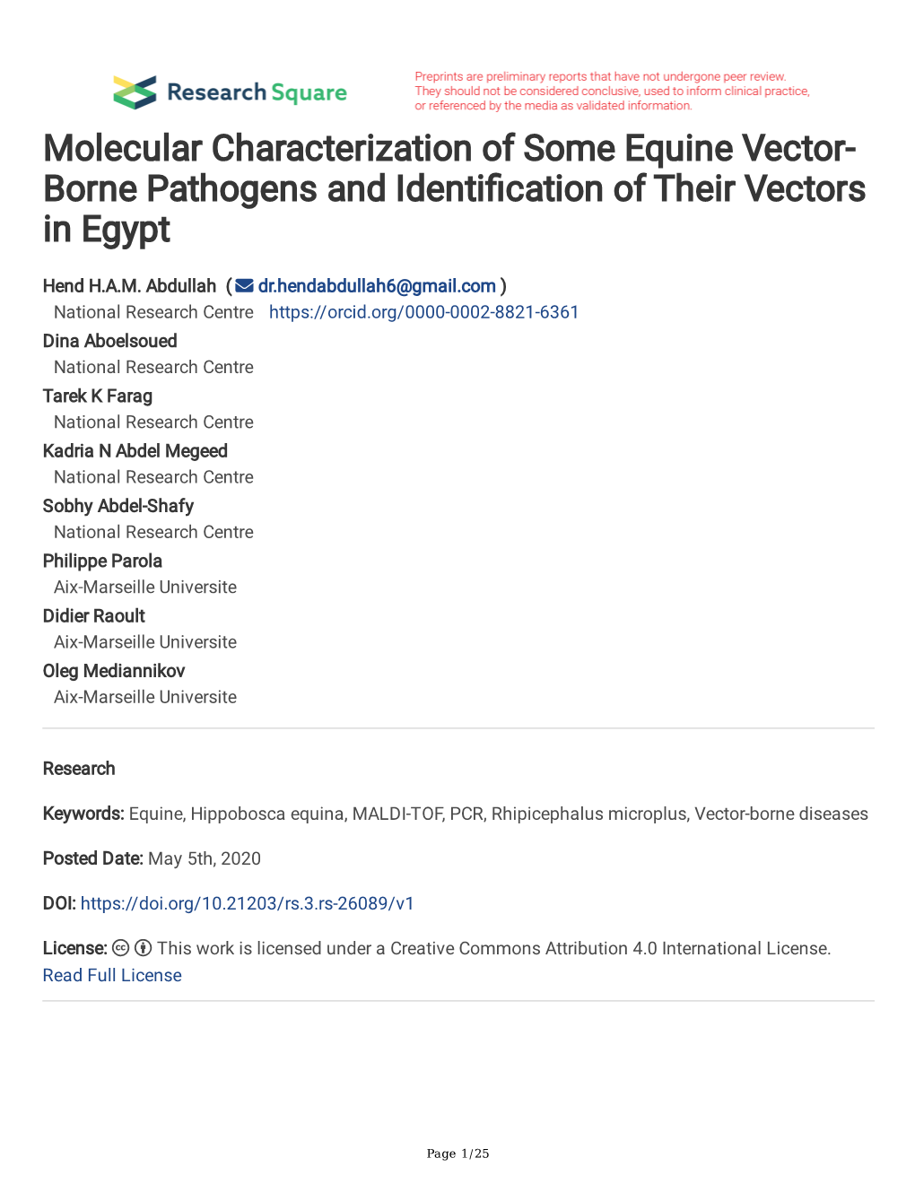 Molecular Characterization of Some Equine Vector-Borne Pathogens