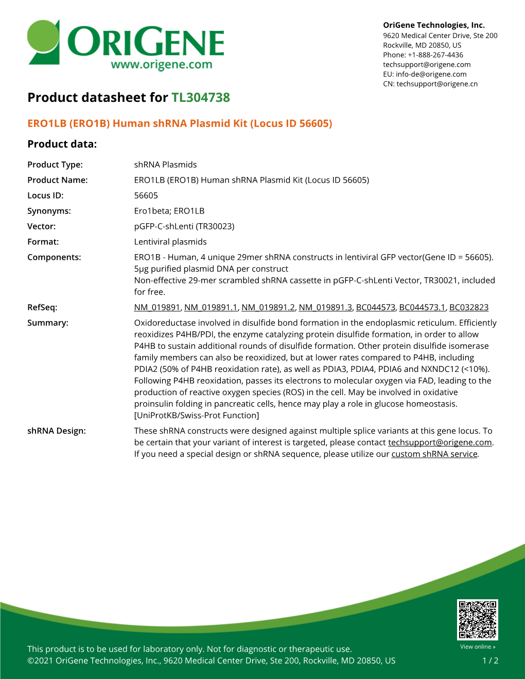 ERO1LB (ERO1B) Human Shrna Plasmid Kit (Locus ID 56605) Product Data