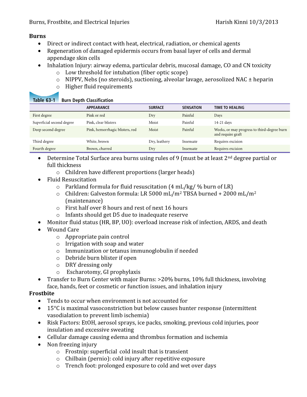 Burns, Frostbite, and Electrical Injuries Harish Kinni 10/3/2013 Burns