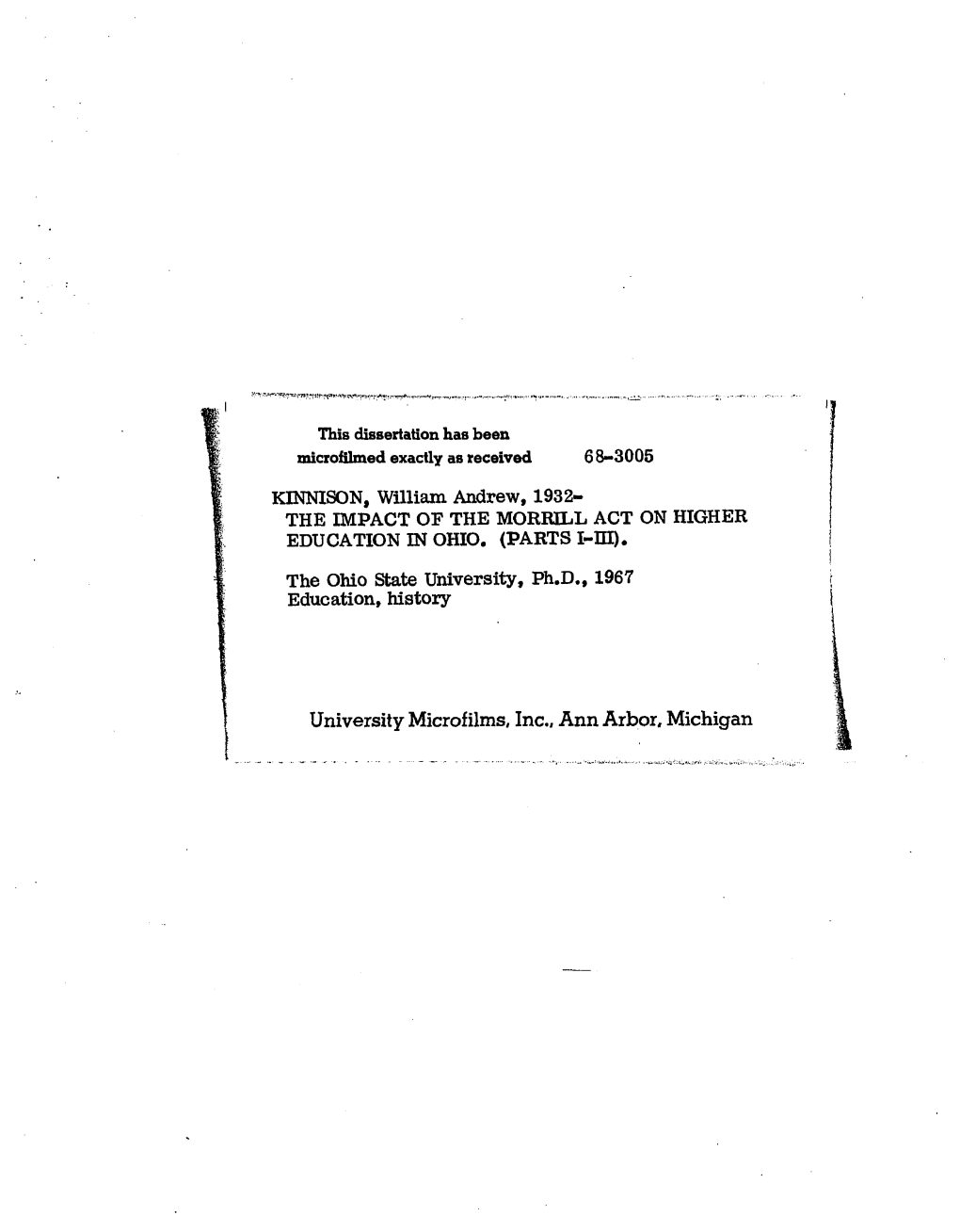 KINNISON, William Andrew, 1932- the IMPACT of the MORRILL ACT on HIGHER EDUCATION in OHIO