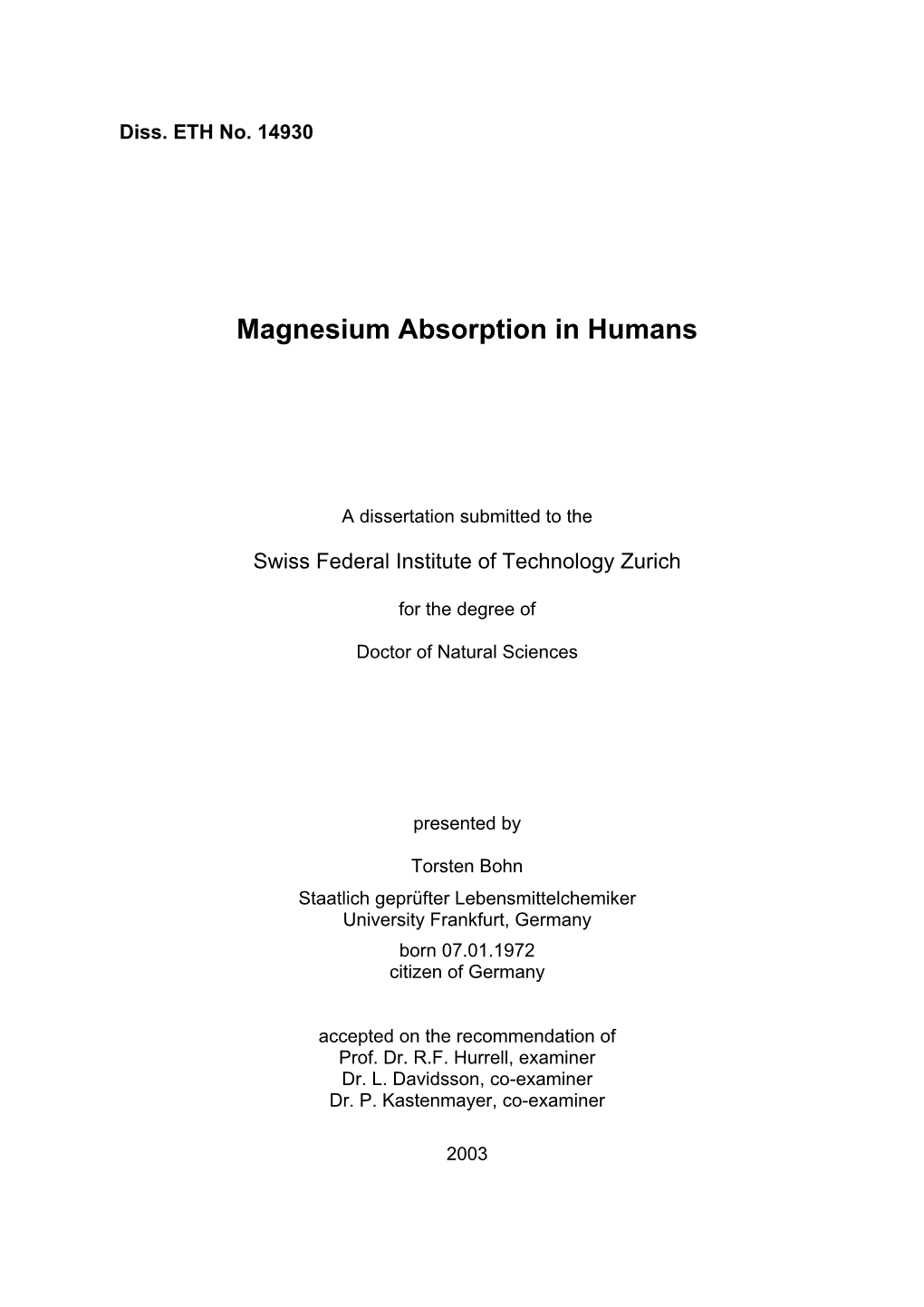 Magnesium Absorption in Humans