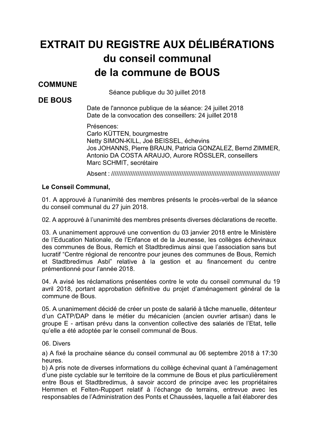 EXTRAIT DU REGISTRE AUX DÉLIBÉRATIONS Du Conseil