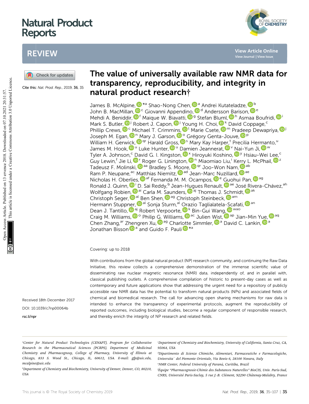 The Value of Universally Available Raw NMR Data for Transparency, Reproducibility, and Integrity in Cite This: Nat