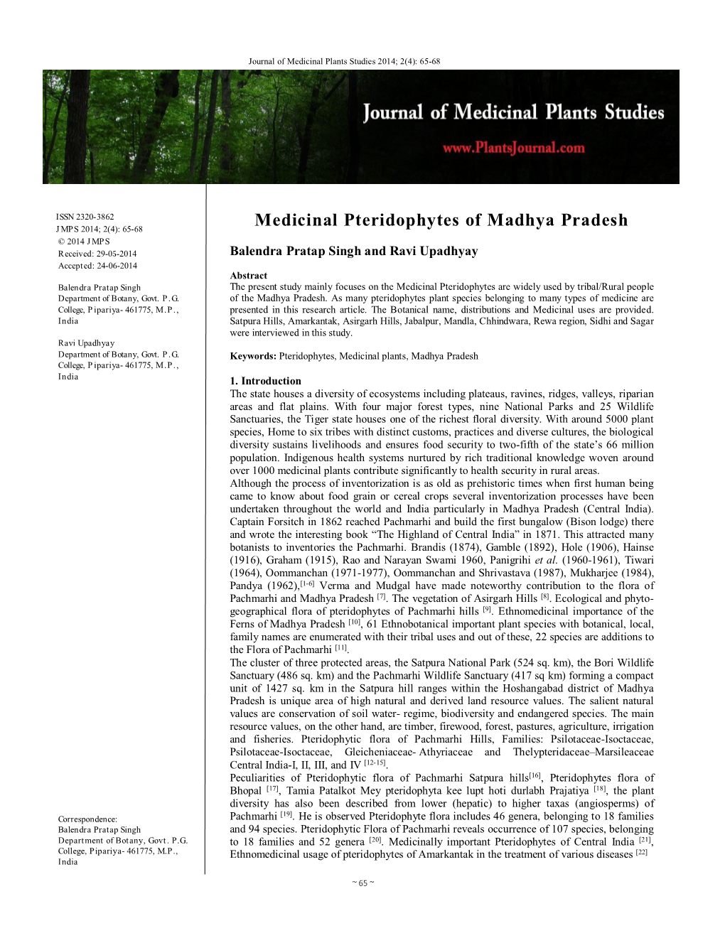 Medicinal Pteridophytes of Madhya Pradesh JMPS 2014; 2(4): 65-68 © 2014 JMPS