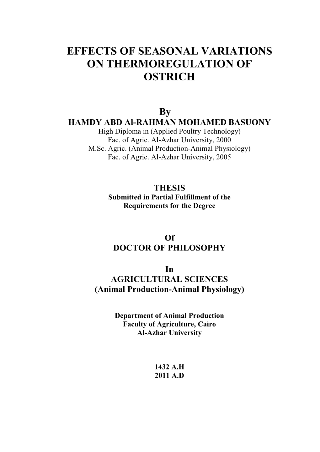 Effects of Seasonal Variations on Thermoregulation of Ostrich