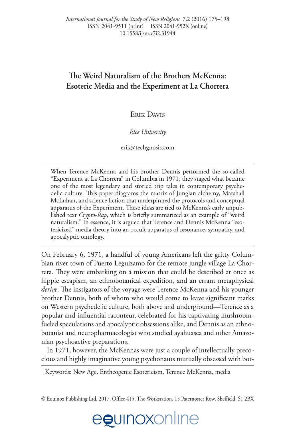 The Weird Naturalism of the Brothers Mckenna: Esoteric Media and the Experiment at La Chorrera