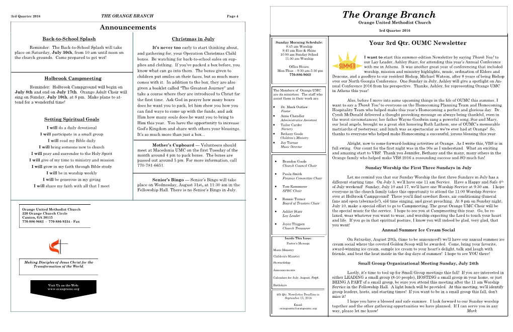 THE ORANGE BRANCH Page 4 the Orange Branch Orange United Methodist Church Announcements 3Rd Quarter 2016