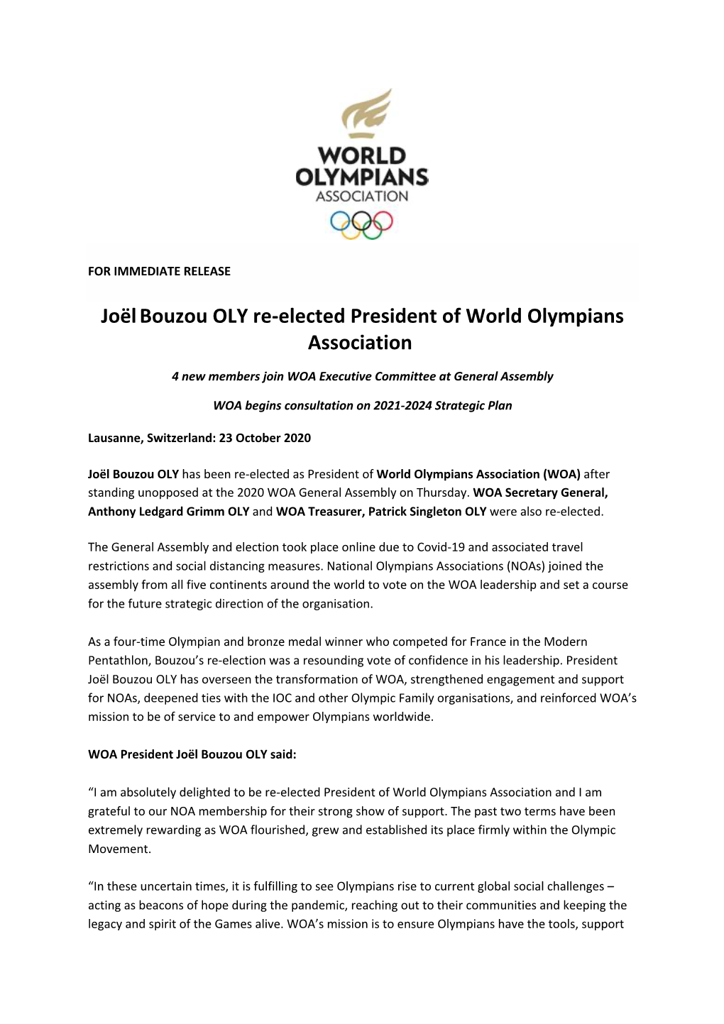 Joël Bouzou OLY Re-Elected President of World Olympians Association