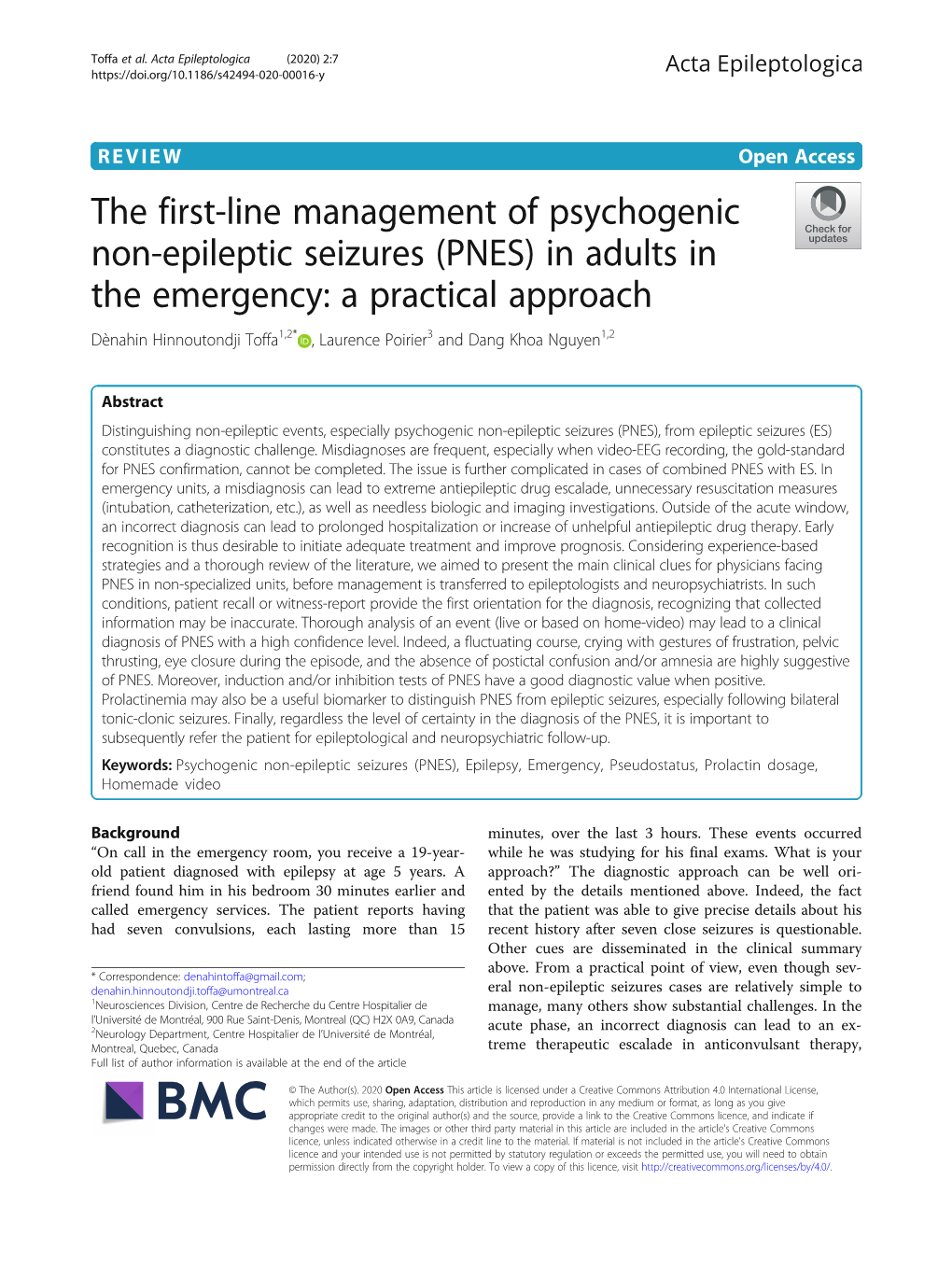 The First-Line Management of Psychogenic Non-Epileptic Seizures (PNES) in Adults in the Emergency: a Practical Approach