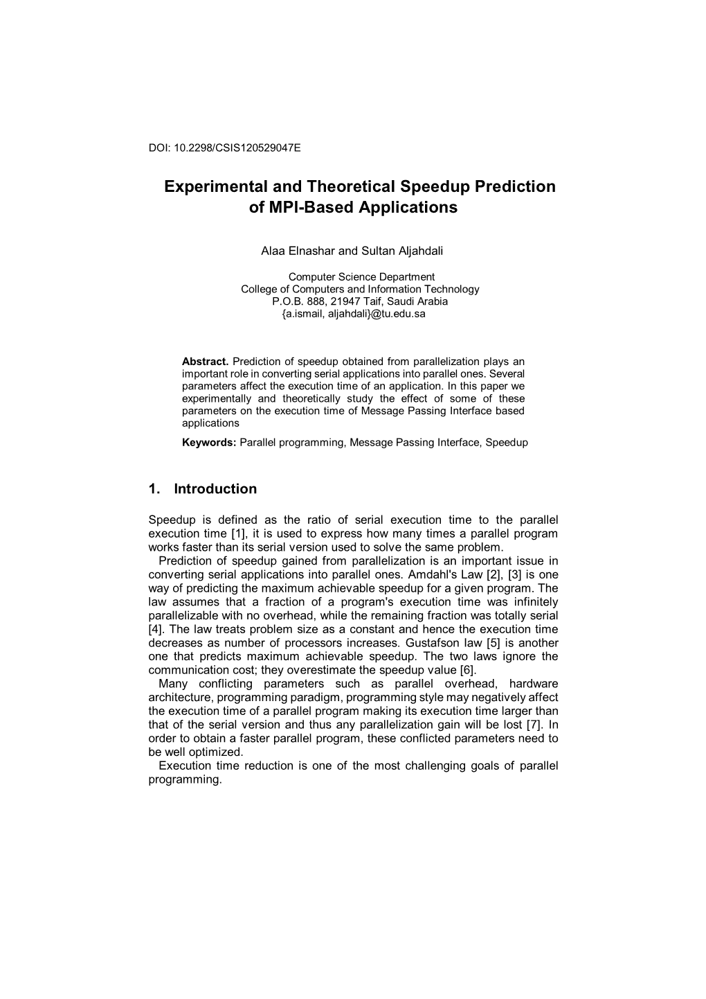 Experimental and Theoretical Speedup Prediction of MPI-Based Applications