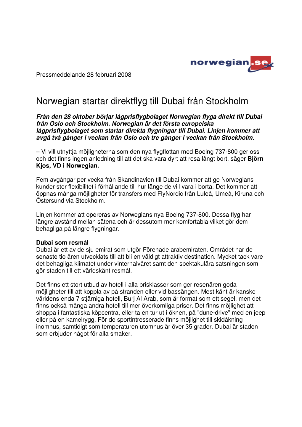 Norwegian Startar Direktflyg Till Dubai Från Stockholm