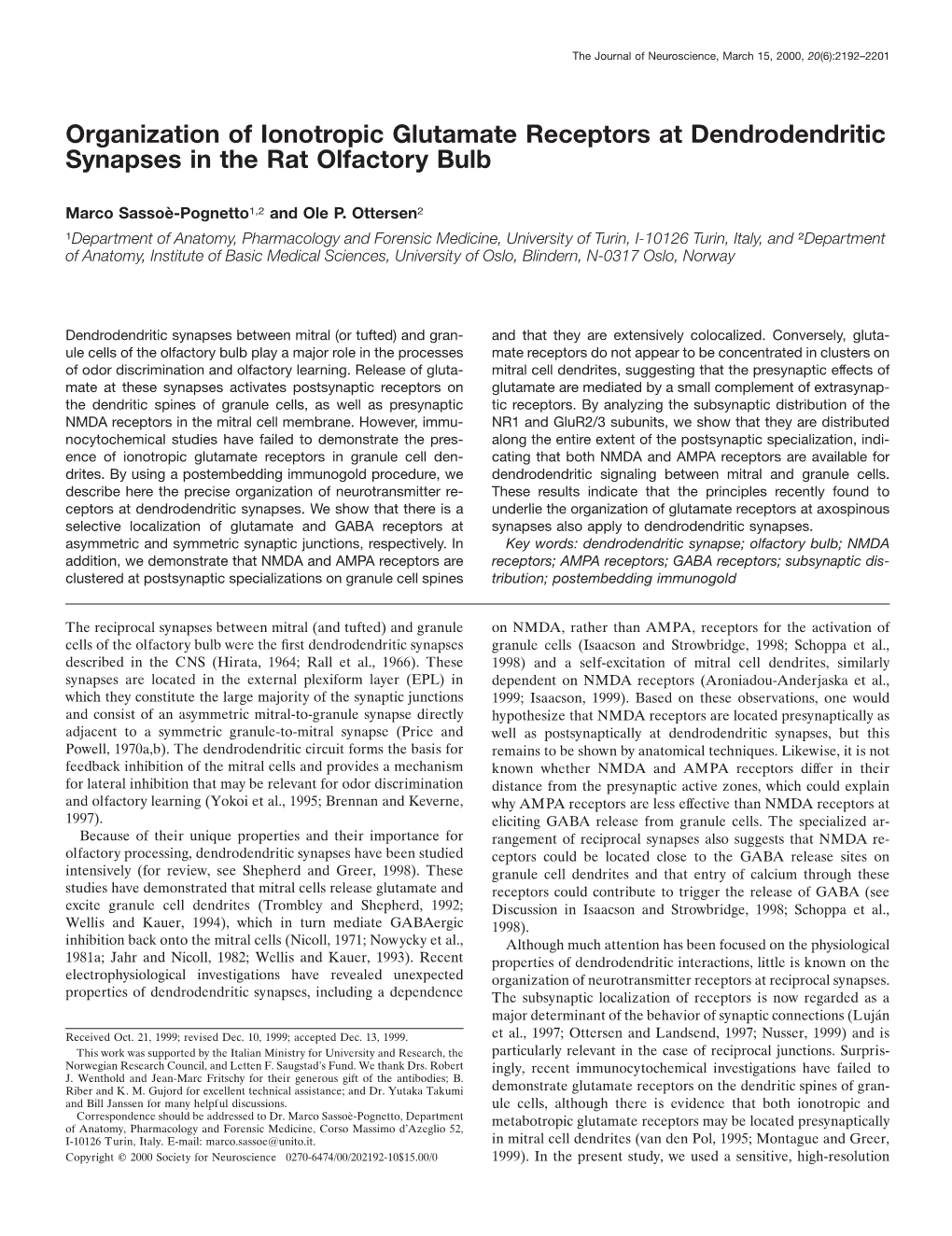 Organization of Ionotropic Glutamate Receptors at Dendrodendritic Synapses in the Rat Olfactory Bulb