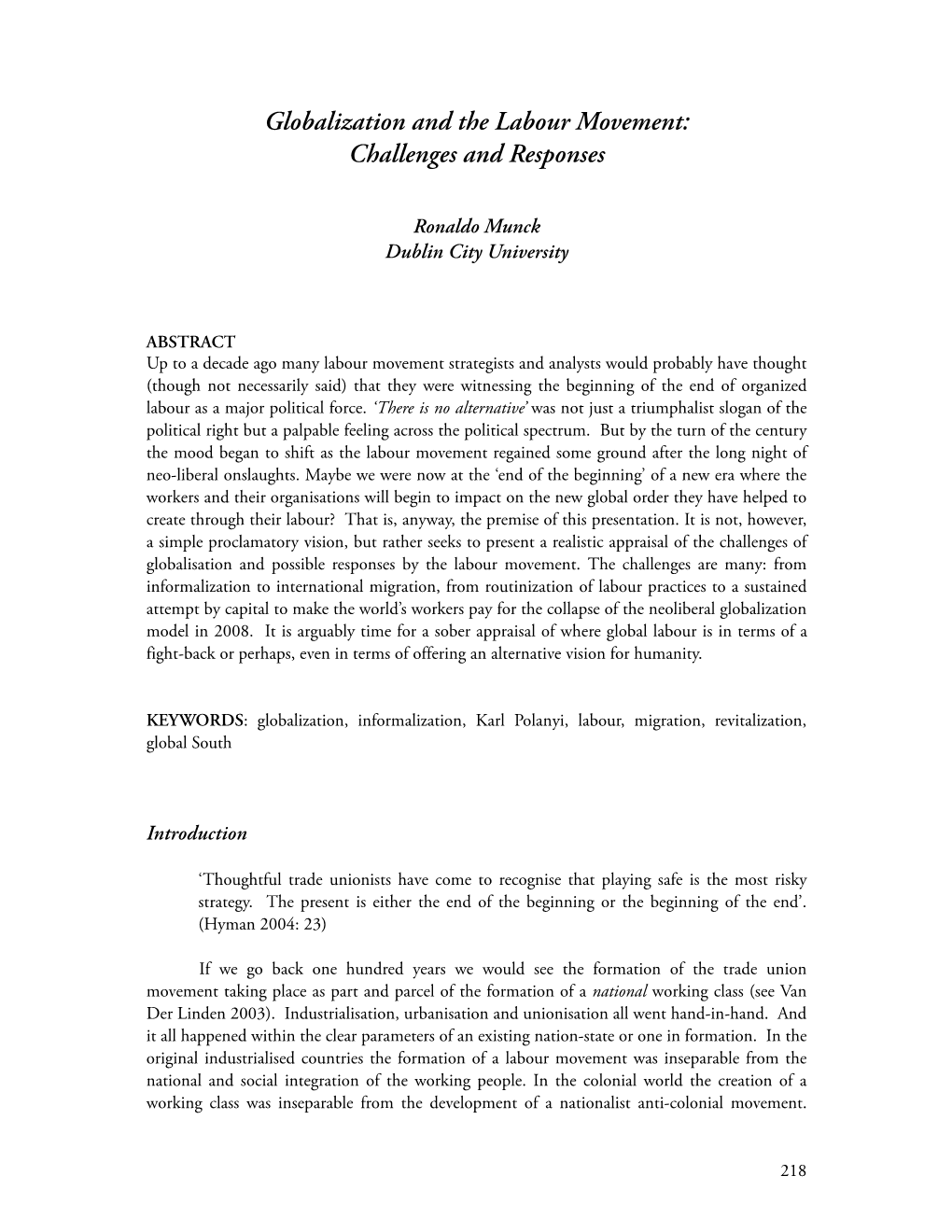 Globalization and the Labour Movement: Challenges and Responses