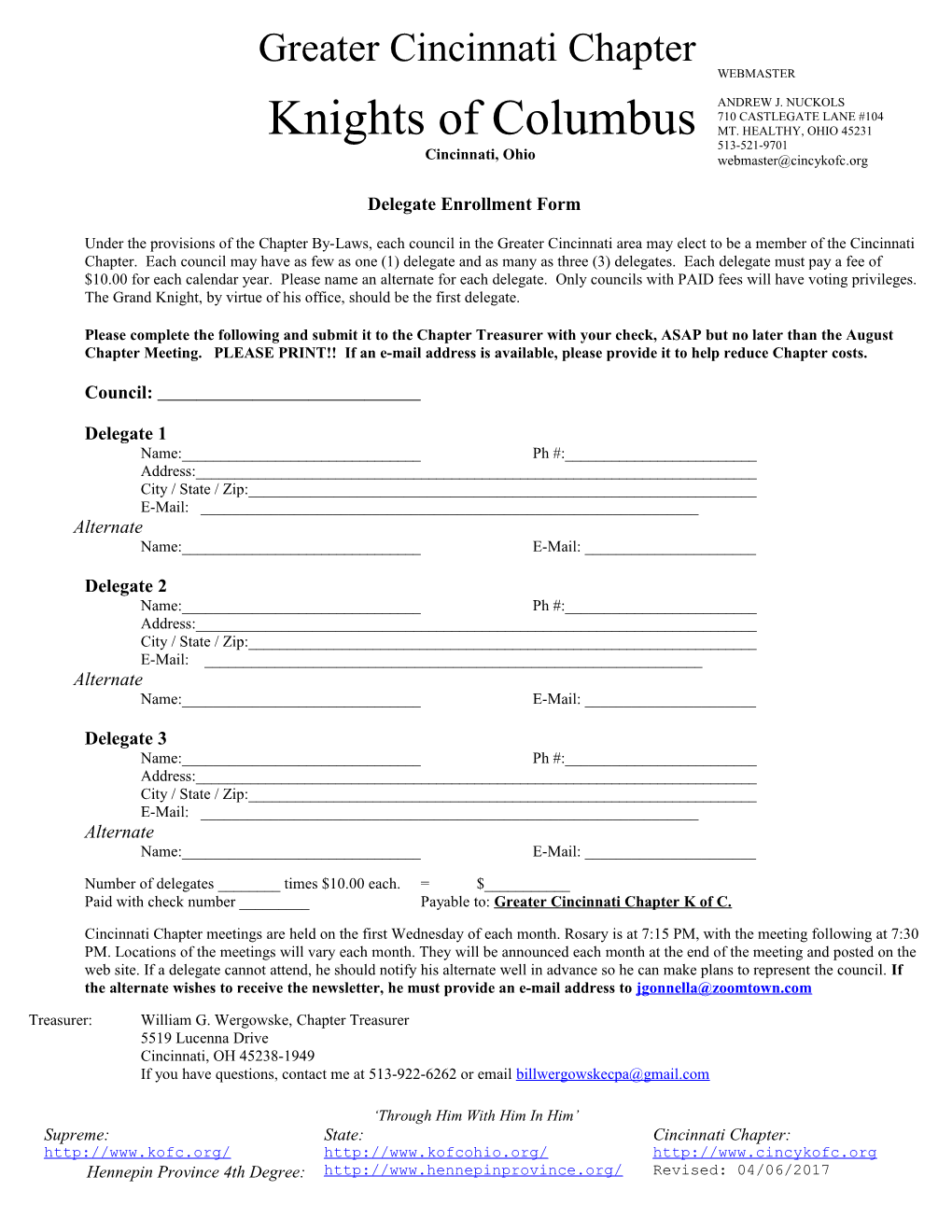 Delegate Notification Form for Fraternal Year 2004 2005